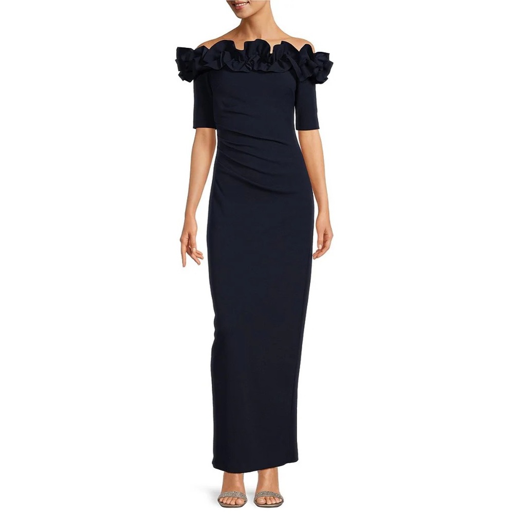 NWT Xscape Midnight Navy Ruffled Off-the-Shoulder Short Sleeve Sheath Gown Sz 12